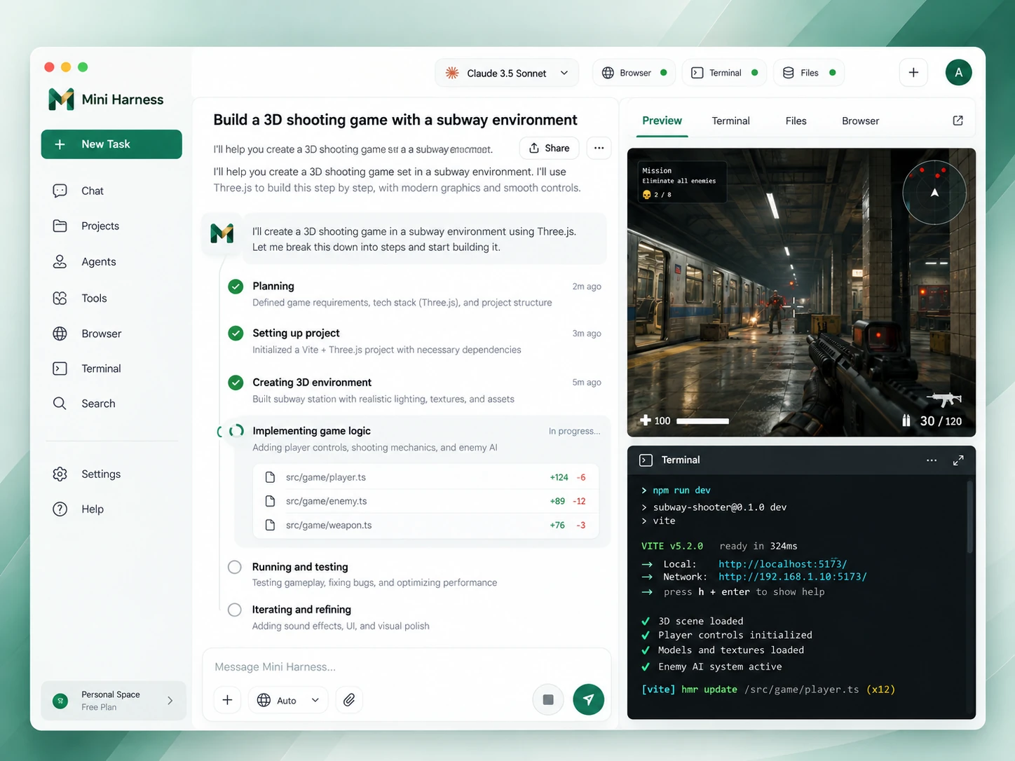 Mini Harness desktop task view: execution timeline, subway game preview, terminal and agent input